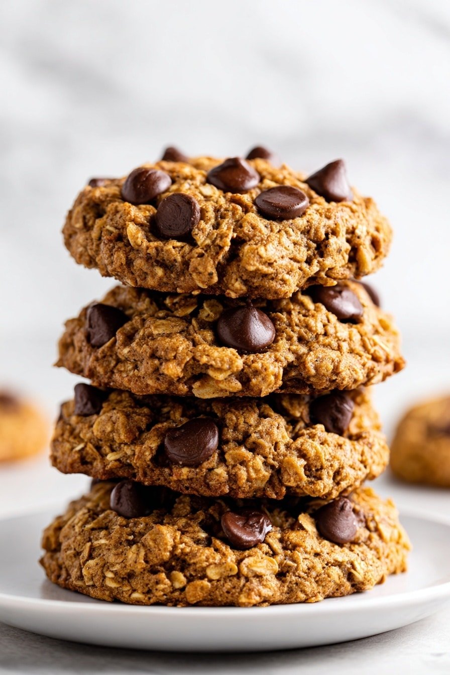 A stack of five oatmeal chocolate chip cookies is shown on a white plate, each cookie thick and rough with uneven edges. The cookies have a golden brown color with visible oats and large, dark chocolate chips scattered generously on top and within. They are piled neatly, with the top cookie clearly showing its textured surface and glossy chocolate chips. The background and surface have a white marbled texture. photo taken with an iphone --ar 2:3 --v 7 — Peanut Butter Oatmeal Chocolate Chip Cookies, easy peanut butter cookies, chewy oatmeal cookies, chocolate chip cookie recipe, homemade cookie ideas