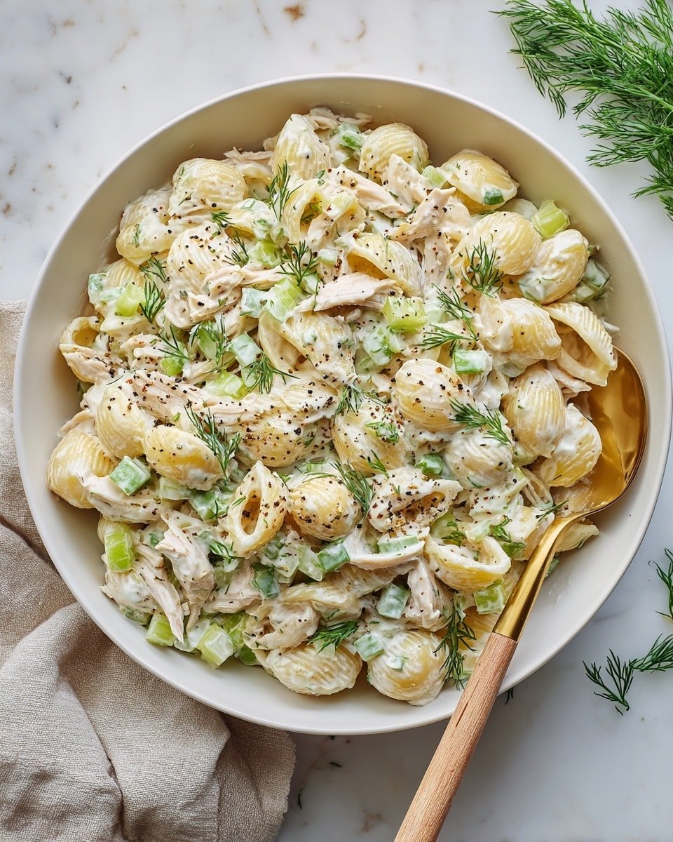 A white bowl filled with a creamy pasta salad made of small shell pasta mixed with shredded white chicken and chopped green celery pieces. The salad is coated in a thick white dressing, with scattered sprigs of green dill on top and a sprinkling of black pepper. A gold spoon with a wooden handle is placed in the bowl on the right side. The bowl sits on a white marbled surface with a beige cloth nearby and some dill sprigs in the background, photo taken with an iphone --ar 4:5 --v 7 — Creamy Dill Tuna Pasta Salad, Tuna Pasta Salad Recipe, Easy Tuna Pasta Salad, Delicious Pasta Salad with Dill, Cold Tuna Pasta Salad