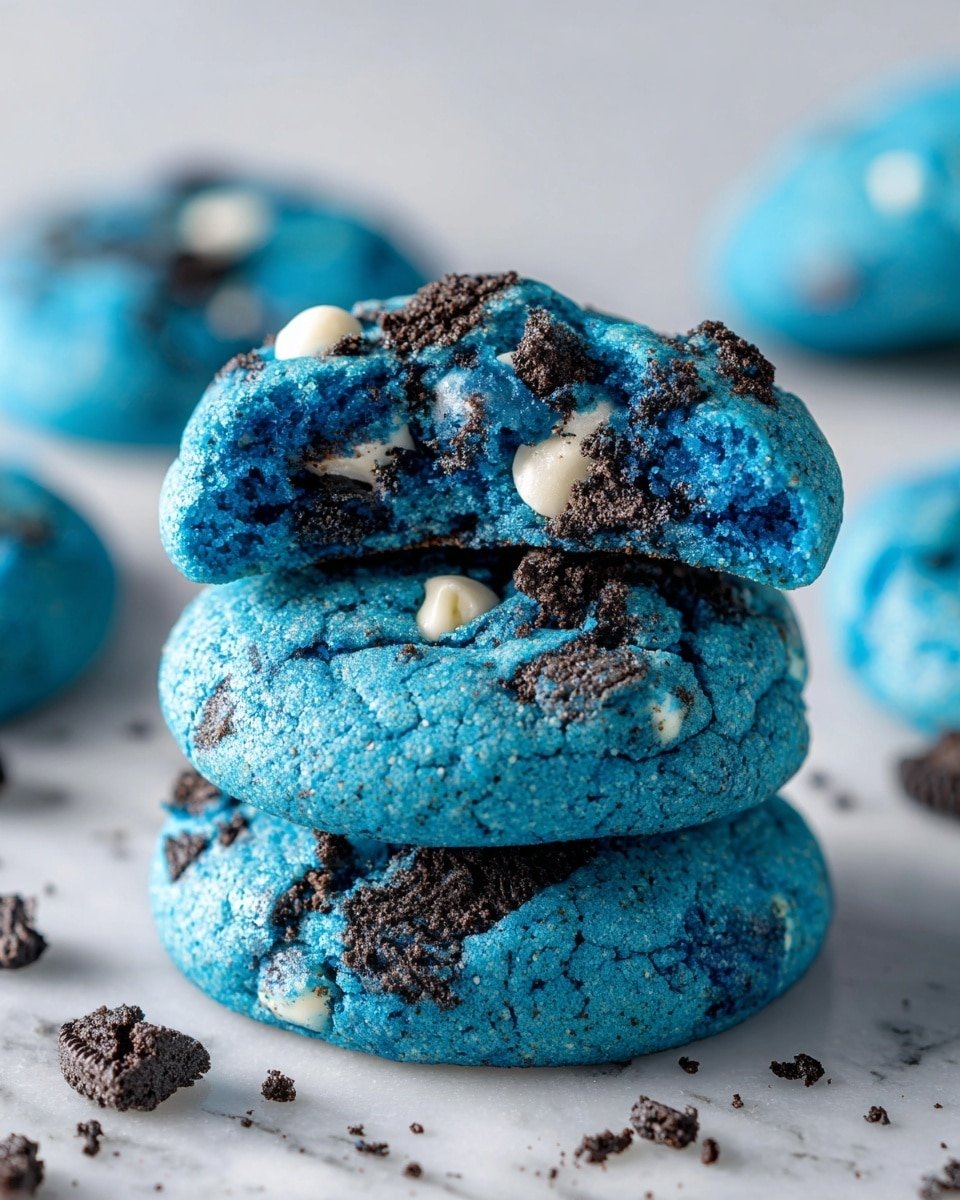 Blue Cookie Monster Cookies Recipe - Recipe Image — Blue Cookie Monster Cookies, colorful cookie recipe, fun cookie ideas, Oreo and white chocolate cookies, vibrant cookie treats