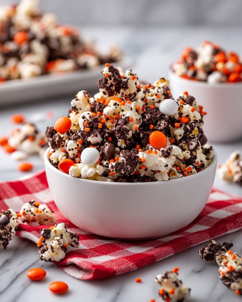 Halloween Popcorn with M&Ms, Oreos, and White Chocolate Recipe - Recipe Image — Halloween Popcorn with M&Ms, Oreos, and White Chocolate, festive Halloween popcorn recipe, easy Halloween treats, holiday party snack ideas, sweet crunchy Halloween popcorn