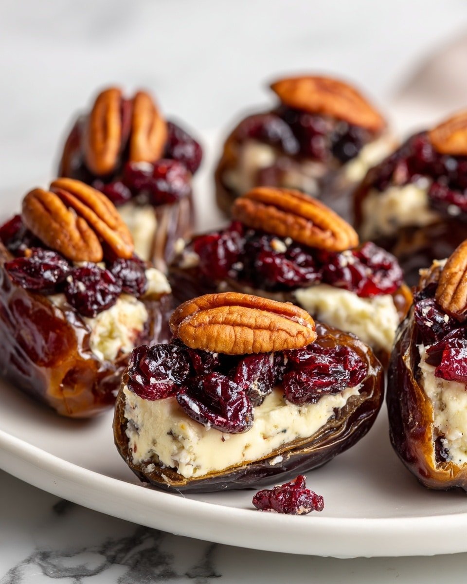 Cranberry Pecan Cream Cheese Stuffed Dates Recipe - Recipe Image — Cranberry Pecan Cream Cheese Stuffed Dates, stuffed date appetizers, easy holiday appetizers, healthy sweet snacks, gluten-free dessert ideas