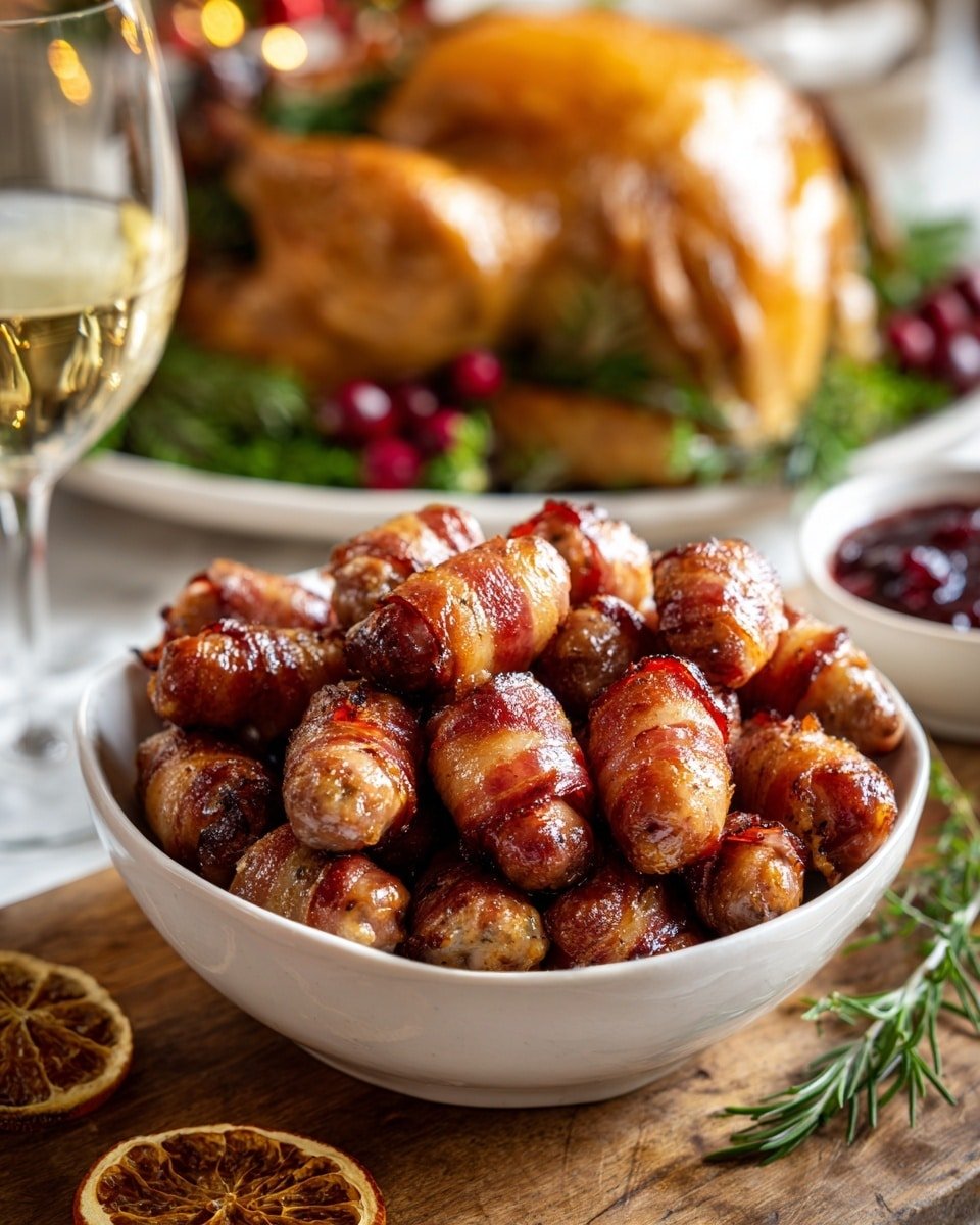 Honey-Glazed Bacon-Wrapped Sausages (Pigs in Blankets) Recipe - Recipe Image — Honey-Glazed Bacon-Wrapped Sausages, pigs in blankets with honey, savory bacon-wrapped sausages, holiday pigs in blankets, easy finger food recipes