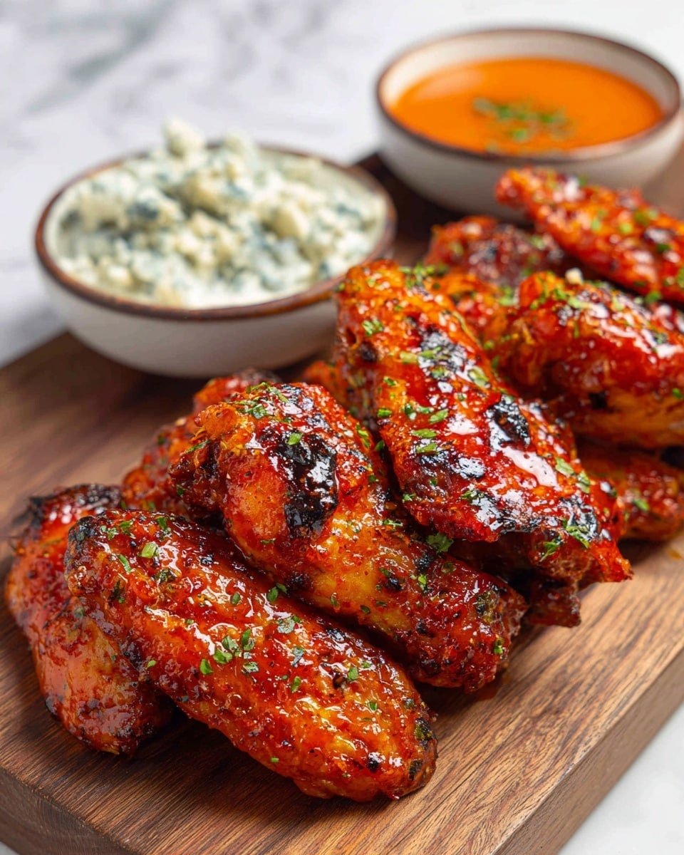 A wooden board holds about seven pieces of chicken wings, each layer showing crispy, shiny reddish-orange skin with a sticky glaze and small green herb bits sprinkled on top. The wings have a textured, slightly charred surface that looks rich and flavorful. Behind the wings, there are two small round bowls: one filled with white creamy sauce topped with small chunks of blue cheese, and the other with a smooth orange-red sauce. The background is a blurred white marbled texture, adding a clean and bright contrast. photo taken with an iphone --ar 4:5 --v 7 — Crockpot Buffalo Chicken Wings, buffalo wing slow cooker recipe, easy buffalo chicken wings, spicy buffalo chicken wings, crowd-pleasing wing recipe