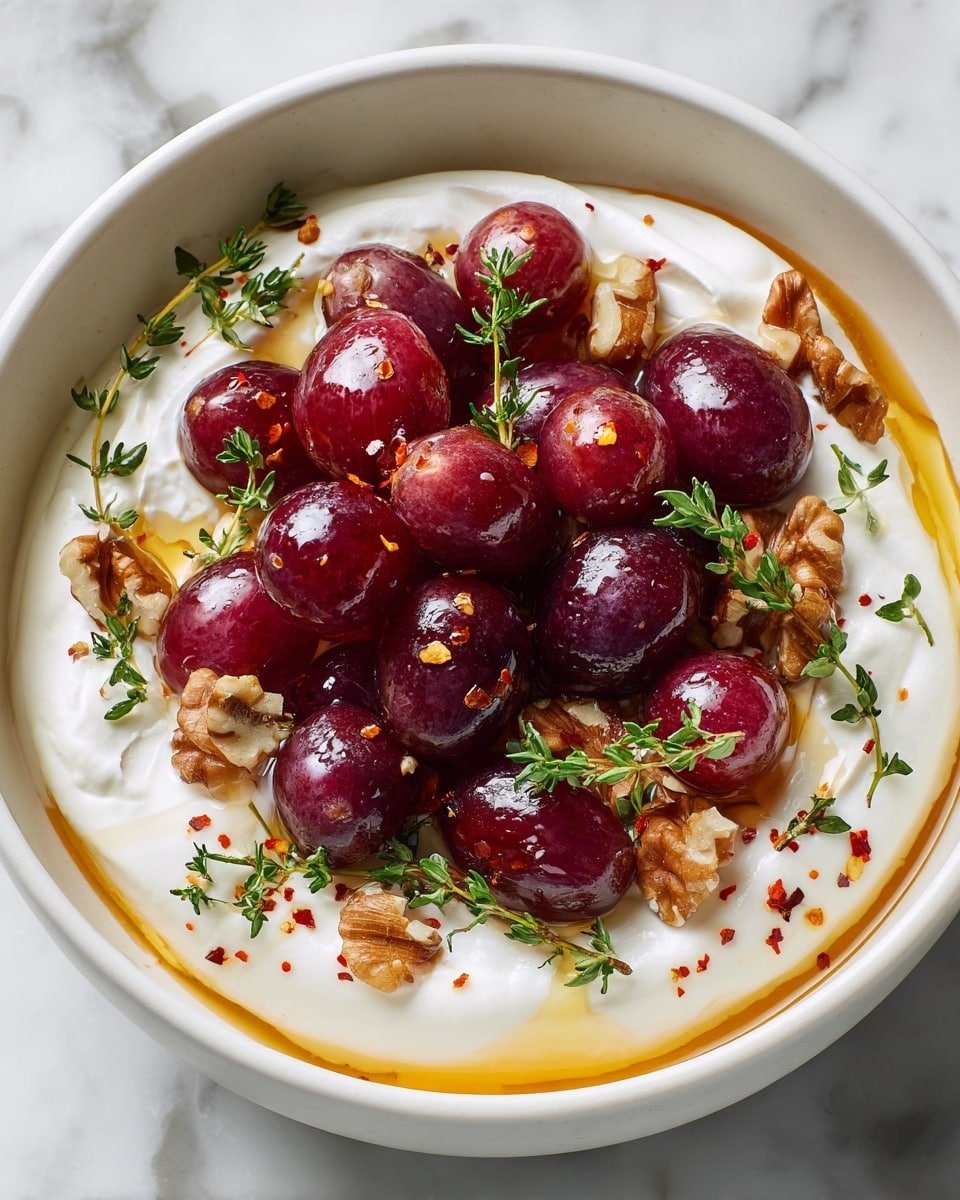 Whipped Feta with Roasted Grapes, Walnuts & Hot Honey Recipe - Recipe Image — Whipped Feta with Roasted Grapes, Walnuts & Hot Honey, Roasted Grape Feta Dip, Elegant Cheese Spread, Easy Appetizer with Hot Honey, Crowd-Pleasing Cheese Board