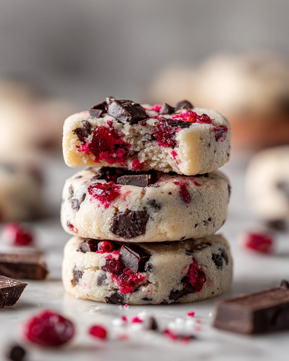 The image shows a stack of three round cookies on a white marbled surface, each cookie thick and studded with dark brown chocolate chunks and bright red berry pieces. The top cookie has a visible bite showing a soft, crumbly texture inside with the red berry bits spread throughout. Around the stack, small pieces of chocolate and blurred cookies fill the background softly. The colors are mainly light beige from the cookie dough, dark brown from the chocolate, and pops of red from the berries, creating a fresh and inviting look. photo taken with an iphone --ar 4:5 --v 7 — Cherry Chocolate Chip Shortbread Cookies, Cherry Shortbread Cookies, Chocolate Chip Shortbread, Butter Shortbread Cookies with Cherries, Easy Cherry Shortbread Recipe