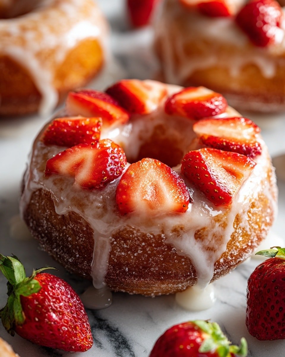 The image shows a close-up of a glazed round donut with a hole in the center, topped with thin, shiny slices of red strawberries arranged in a circle around the top. The donut has a light golden brown color with a sticky, white sugary glaze that drips slightly down the sides, creating a shiny texture. The donut is placed on a white marbled surface, surrounded by whole fresh strawberries with green leaves still on them. Another donut with a similar glaze but no strawberries is slightly blurred in the background. The lighting highlights the glossiness of the glaze and freshness of the strawberries. photo taken with an iphone --ar 4:5 --v 7 — Fresh Strawberry Donuts Homemade Strawberry Glaze, Strawberry Donuts with Strawberry Glaze, Homemade Strawberry Donuts, Easy Strawberry Donut Recipe, Fresh Fruit Donuts