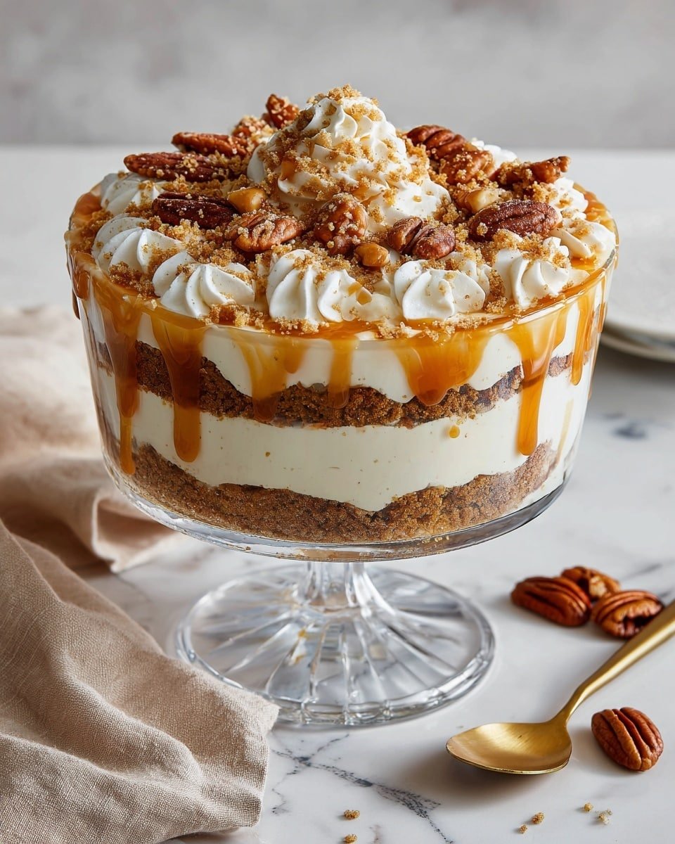 Maple Pecan & Pumpkin Cheesecake Trifle (No-Bake) Recipe - Recipe Image — Maple Pecan & Pumpkin Cheesecake Trifle, no-bake pumpkin dessert, fall layered dessert, easy holiday trifle, pumpkin and pecan cheesecake