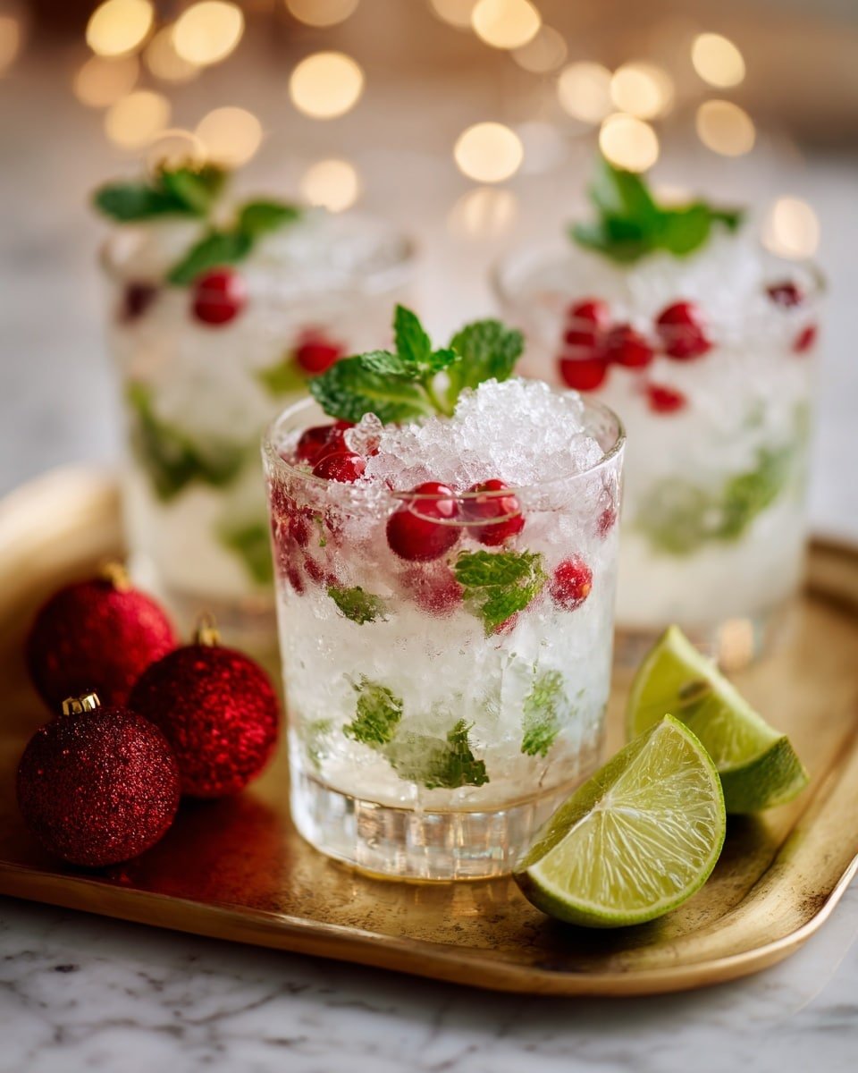 Three clear glasses filled with a light, frothy white drink sit on a golden tray on a white marbled surface. Each glass has a layer of crushed ice on top, with small pieces of green mint leaves mixed throughout the drink. Bright red berries rest on the ice along with fresh green mint leaves as garnish. In front of the tray are halved lime slices showing pale green-yellow inside. Red glittery ornaments sit beside the lime, and a soft background of blurred warm lights creates a cozy, festive feeling. photo taken with an iphone --ar 4:5 --v 7 — White Christmas Mojitos, Christmas mojito cocktail, holiday mojitos with coconut, winter festive drinks, mint and lime cocktails