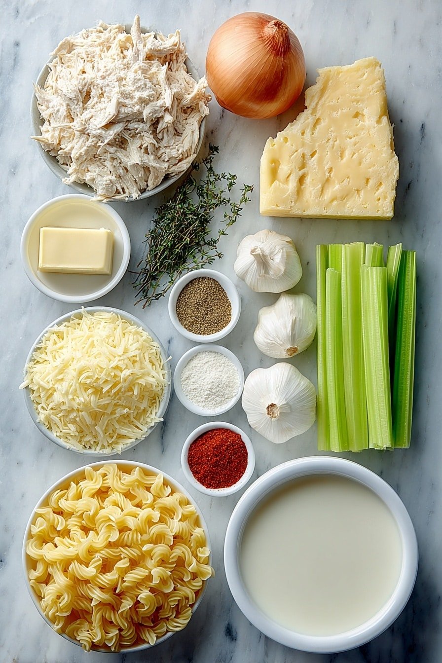 Creamy Chicken Mac and Cheese Soup Recipe - Ingredients Image — Creamy Chicken Mac and Cheese Soup, creamy chicken mac and cheese, comforting soup recipes, cheesy chicken soup, easy comfort food recipes