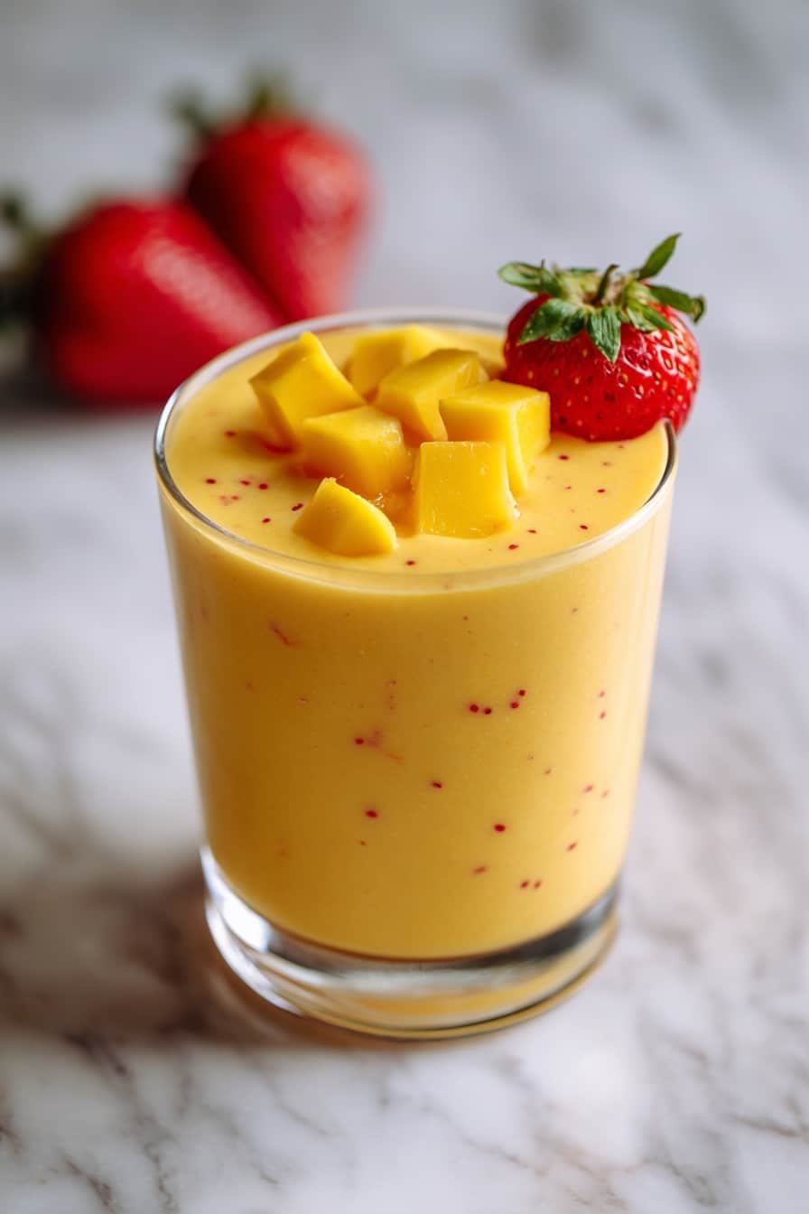 Strawberry Mango Smoothie Recipe - Article Image 1 — Strawberry Mango Smoothie, tropical fruit smoothie, healthy breakfast drink, easy smoothie recipe, creamy fruit blend