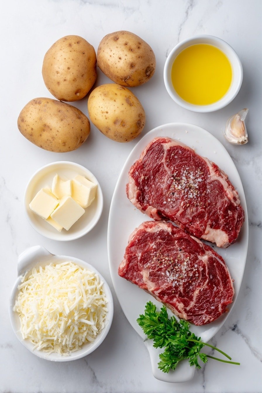 Steak Stuffed Baked Potatoes with Parmesan Sauce Recipe - Ingredients Image — Steak Stuffed Baked Potatoes with Parmesan Sauce, steak baked potato recipe, loaded baked potato with steak and Parmesan, easy steak potato dinner, comforting steak potato dish