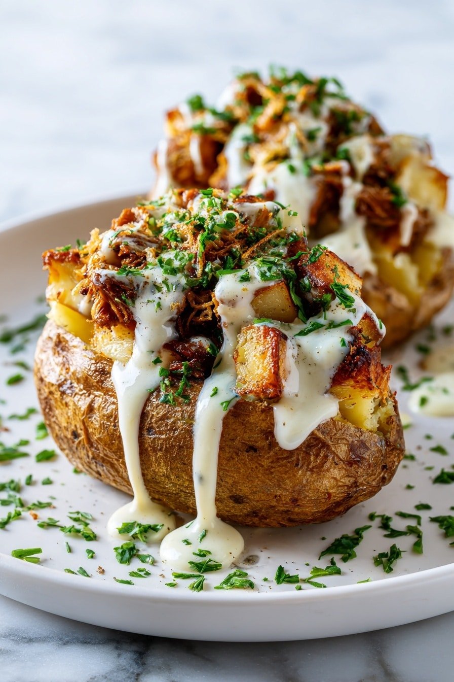 Steak Stuffed Baked Potatoes with Parmesan Sauce Recipe - Article Image 2 — Steak Stuffed Baked Potatoes with Parmesan Sauce, steak baked potato recipe, loaded baked potato with steak and Parmesan, easy steak potato dinner, comforting steak potato dish