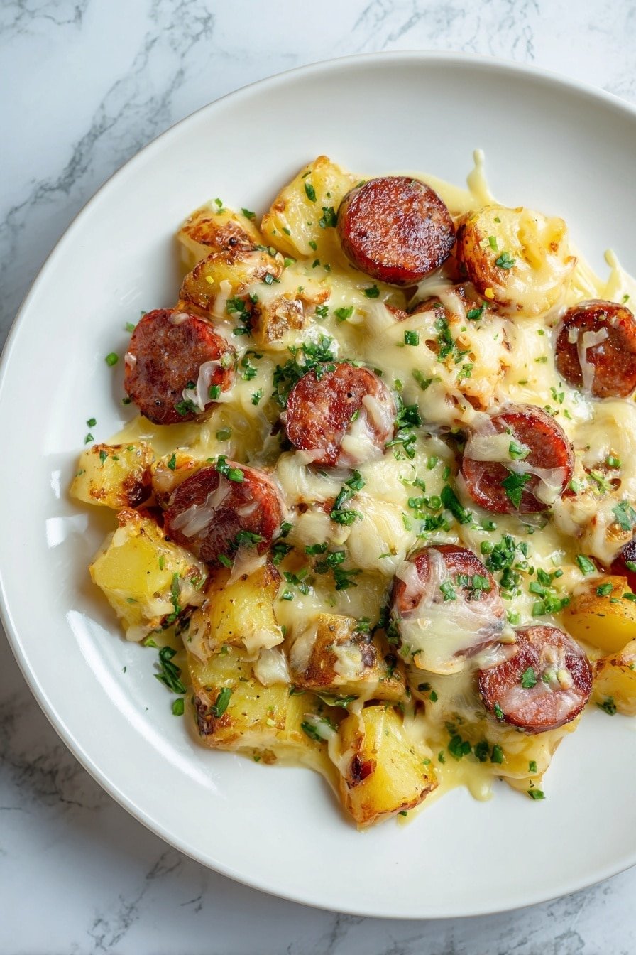 Cheesy Ranch Potatoes with Smoked Sausage Recipe - Article Image 1 — Cheesy Ranch Potatoes with Smoked Sausage, cheesy ranch potato bake, smoked sausage potato skillet, easy cheesy sausage dinner, hearty sheet pan potato recipe