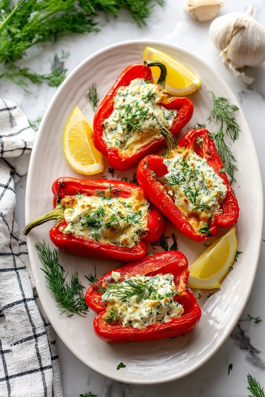 Feta Stuffed Peppers with Lemon Dressing Recipe - Article Image 1 — Feta Stuffed Peppers with Lemon Dressing, stuffed pepper recipes, easy stuffed peppers, baked feta peppers, summer appetizer ideas