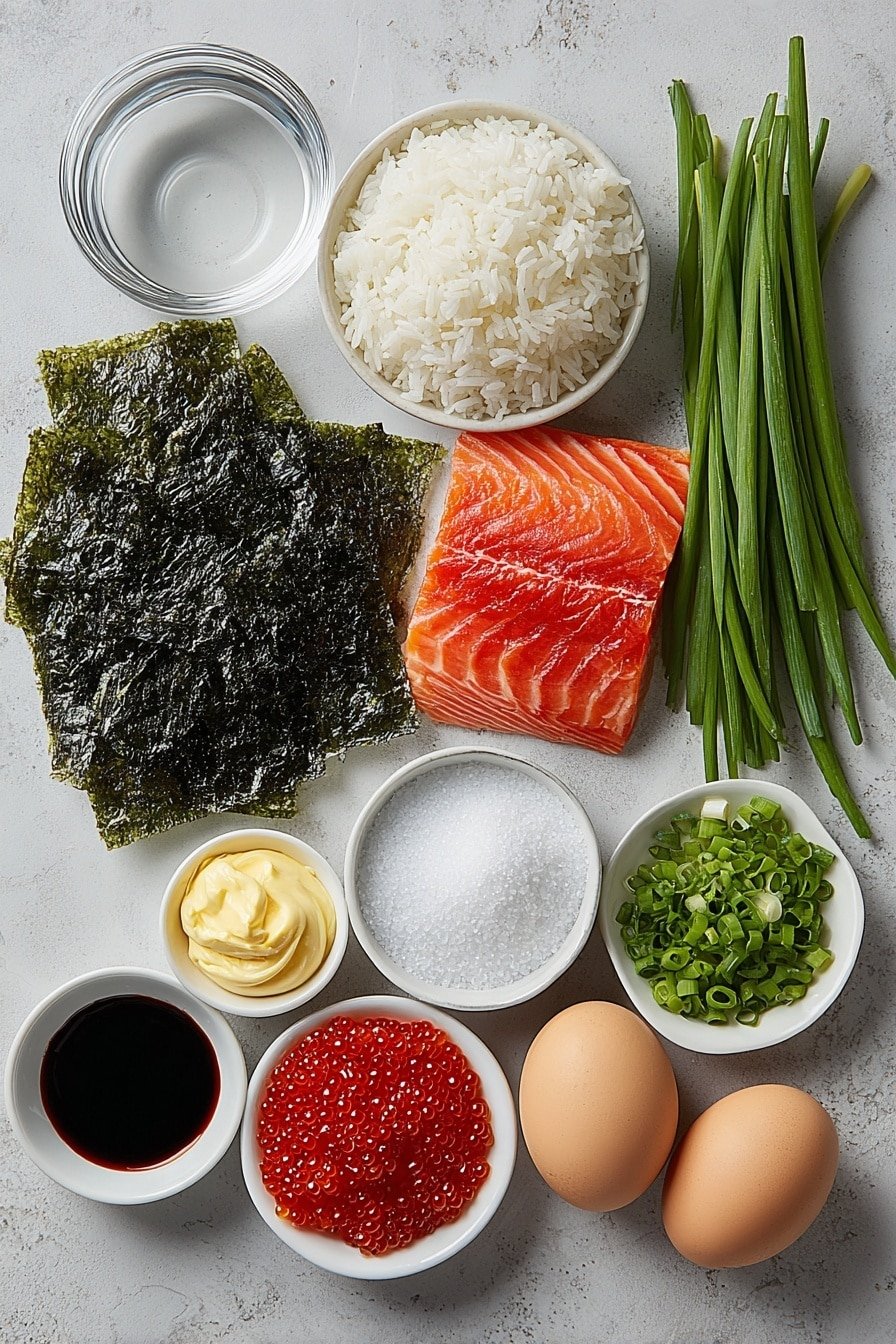 Spicy Salmon Sushi Bake Recipe - Ingredients Image — Spicy Salmon Sushi Bake, Salmon Sushi Bake recipe, Easy sushi bake, Salmon rice casserole, Japanese-inspired salmon dish