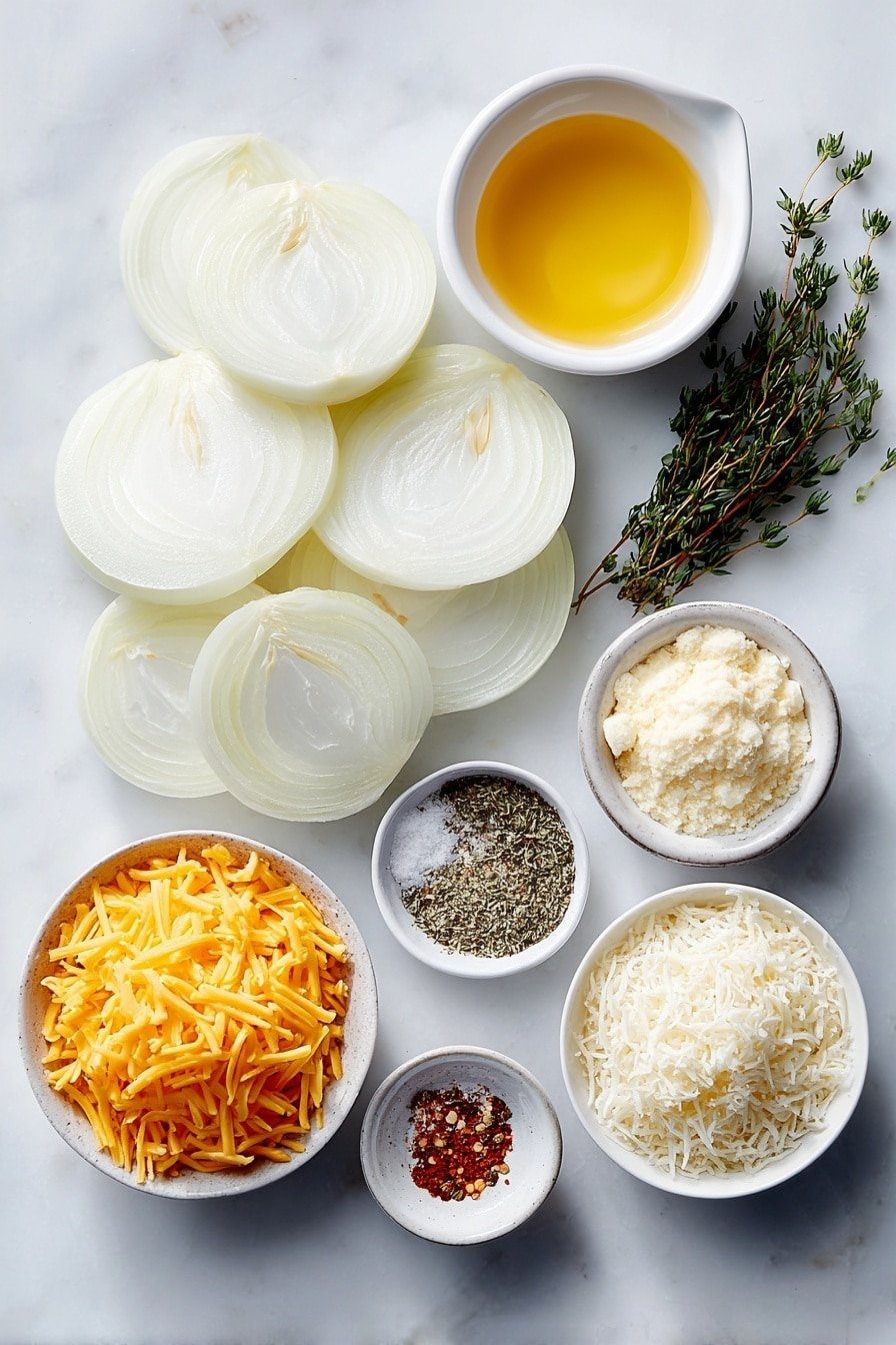 Cheesy Baked Onion Casserole Recipe - Ingredients Image — Cheesy Baked Onion Casserole, baked onion side dish, cheesy onion casserole recipe, comforting onion bake, easy onion casserole