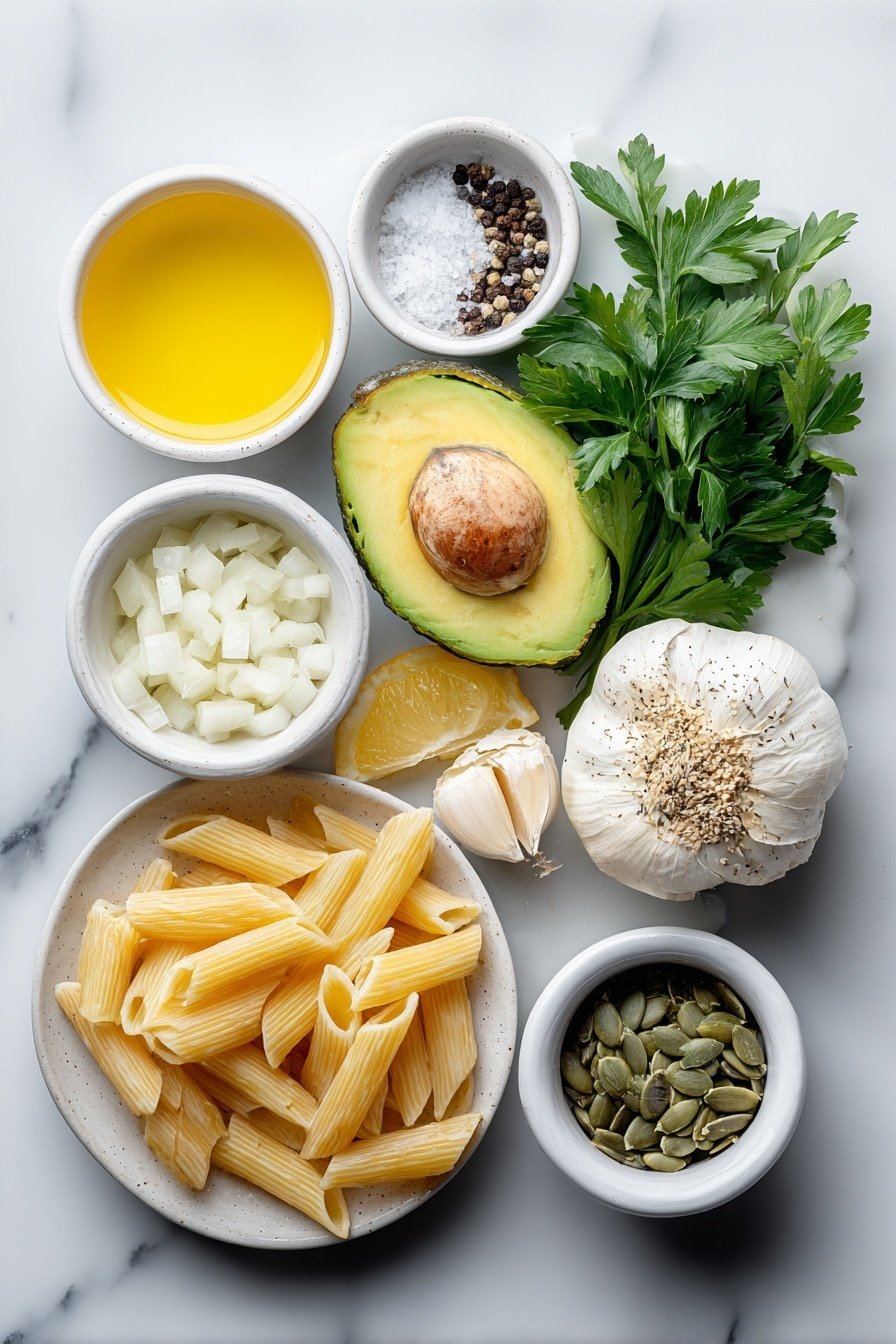 Creamy Avocado Pasta Recipe - Ingredients Image — Creamy Avocado Pasta, avocado pasta recipe, quick vegan pasta, healthy avocado pasta, easy pasta dinner