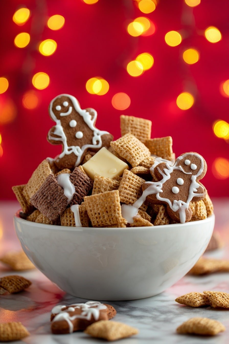 Gingerbread Snack Mix with White Chocolate Drizzle Recipe - Article Image 1 — Gingerbread Snack Mix with White Chocolate Drizzle, holiday snack mix, easy gingerbread treats, festive snack recipes, Christmas dessert ideas