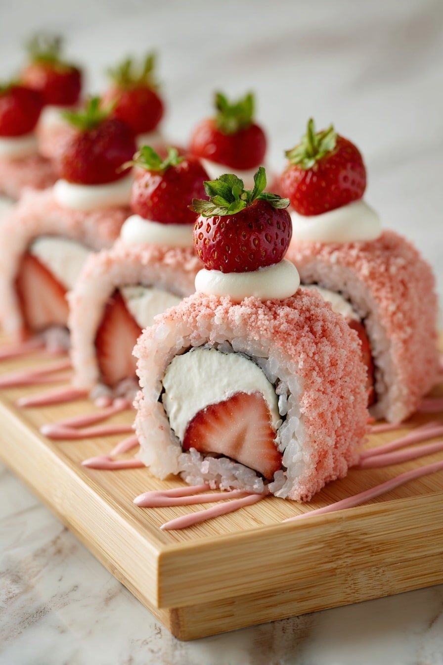 Strawberry Shortcake Sushi Rolls Recipe - Article Image 2 — Strawberry Shortcake Sushi Rolls, easy dessert sushi, fruit sushi recipes, summer dessert ideas, sweet sushi rolls