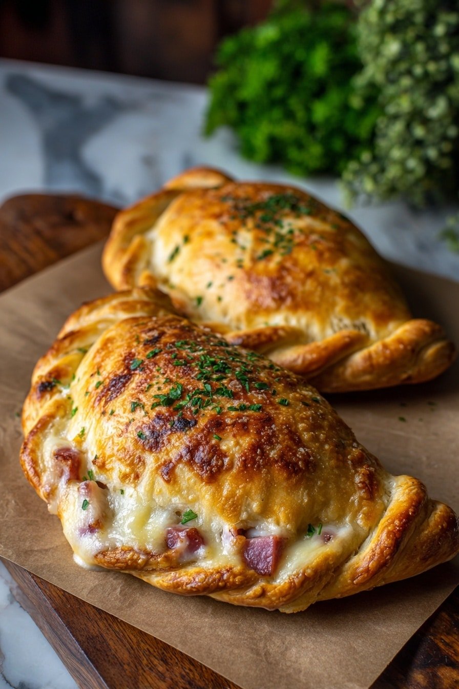 Two baked empanadas sit on a brown parchment paper atop a wooden board. Each empanada is golden-brown with a richly browned, crispy crust on top sprinkled with small green herb pieces. The edges of the empanadas are twisted in a braided pattern, and melted cheese mixed with bits of pink ham oozes out slightly from inside. The background shows blurred greenery and a white marbled texture. photo taken with an iphone --ar 2:3 --v 7 — Ham and Cheese Calzones, cheesy ham calzones recipe, homemade calzones with ham, quick ham calzones, savory calzone ideas