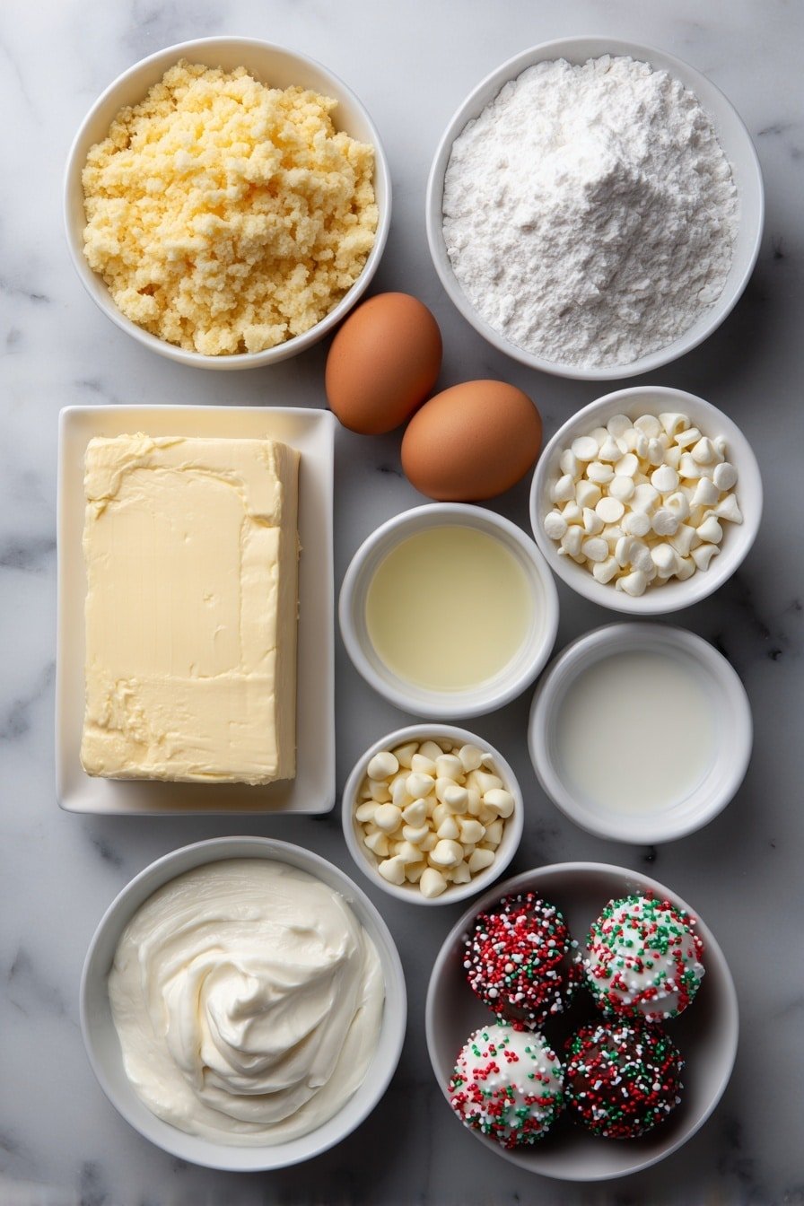 Flat lay of a small mound of crushed golden sugar cookies, a small white bowl of melted pale unsalted butter, a large block of smooth cream cheese, a small white bowl of fine granulated white sugar, three whole brown eggs with uncracked shells, a small white bowl of clear vanilla extract, a small white bowl of creamy sour cream, a small pile of chopped festive sugar cookies with red and green sprinkles, a small white bowl filled with glossy white chocolate chips, a small white bowl of thick heavy cream, a small white bowl filled with colorful holiday sprinkles, and three decorated sugar cookie truffles with icing and sprinkles arranged neatly, all arranged symmetrically on a simple white ceramic surface, placed on a clean white marble surface, soft natural light, photo taken with an iPhone, professional food photography style, fresh ingredients, white ceramic bowls, no bottles, no duplicates, no utensils, no packaging --ar 2:3 --v 7 --p m7354639359234015250 — Festive Sugar Cookie Cheesecake,holiday cheesecake with cookie crust,easy holiday dessert,Christmas cheesecake recipes,celebration cookie cheesecake