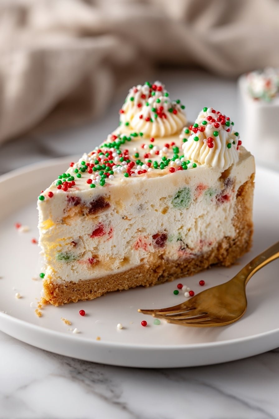The image shows a slice of cheesecake on a white plate with a crumbly light brown base as the bottom layer. The thick middle layer is creamy off-white with colorful spots of red, green, and some brown mixed inside. The top layer is smooth and off-white, decorated with small round red, green, and white sprinkles scattered on top and around the plate. A gold fork rests on the right side of the plate, and the background is a white marbled surface with a soft beige cloth blurred behind. Photo taken with an iphone --ar 2:3 --v 7 — Festive Sugar Cookie Cheesecake,holiday cheesecake with cookie crust,easy holiday dessert,Christmas cheesecake recipes,celebration cookie cheesecake