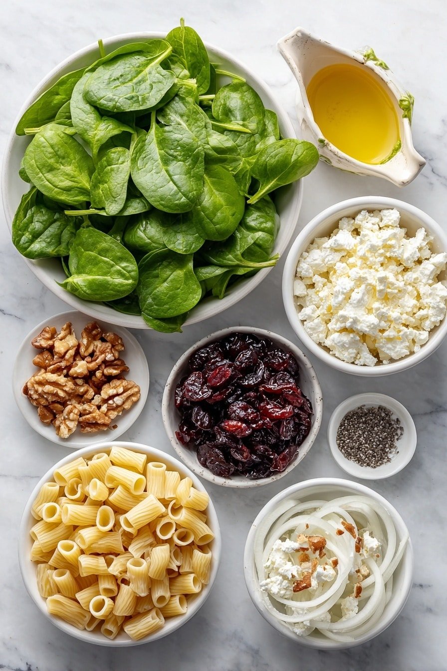 Flat lay of a small mound of uncooked rigatoni pasta, a small white ceramic bowl of crumbled feta cheese, a small white ceramic bowl of dried cranberries, a small white ceramic bowl with chopped toasted walnuts, a neat pile of fresh baby spinach leaves, thinly sliced red onion arranged in a small white ceramic bowl, a small white ceramic bowl filled with extra virgin olive oil, a small white ceramic bowl with fresh lemon juice, a small white ceramic bowl of honey, a small white ceramic bowl containing Dijon mustard, a small white ceramic bowl of coarse salt, a small white ceramic bowl of freshly ground black pepper, all placed on a clean white marble surface, soft natural light, photo taken with an iPhone, professional food photography style, fresh ingredients, white ceramic bowls, no bottles, no duplicates, no utensils, no packaging --ar 2:3 --v 7 --p m7354639359234015250 — Feta Cranberry Rigatoni Salad, pasta salad with feta and cranberries, easy summer pasta salad, healthy rigatoni salad, festive pasta salad recipe