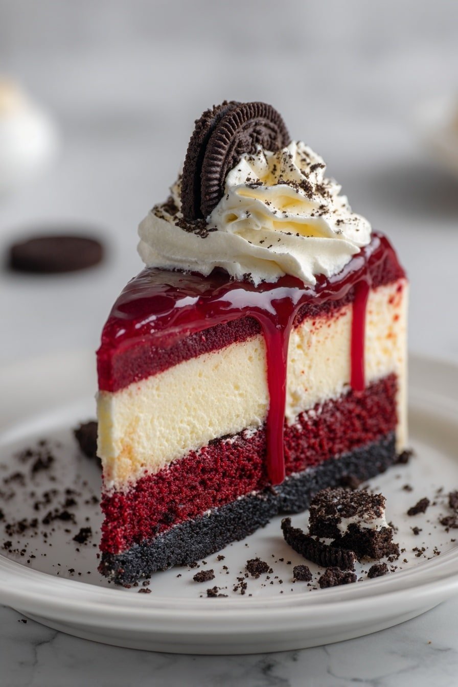 Red Velvet Oreo Cheesecake Recipe - Article Image 1 — Red Velvet Oreo Cheesecake, Red Velvet Oreo Cheesecake Recipe, festive cheesecake with Oreos, creamy red velvet dessert, easy red velvet cheesecake