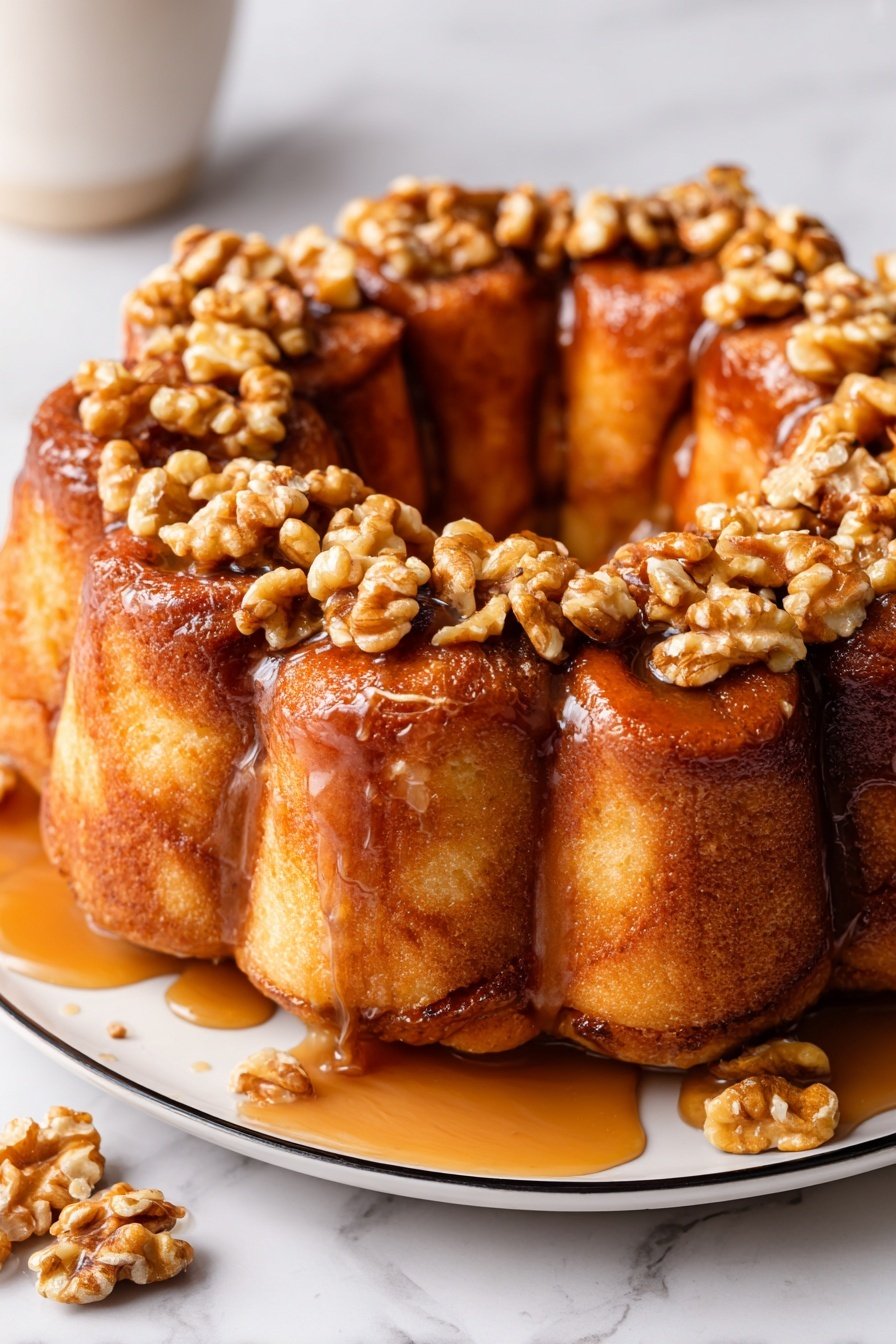 A ring of soft, golden brown monkey bread pieces sits closely together on a white plate with a thin black rim, each piece shiny with a caramel glaze that drips slightly onto the plate. On top and in between the bread pieces, a generous layer of light brown walnut halves adds texture and contrast. A few walnuts are scattered on the white marbled surface near the plate, enhancing the presentation. The bread ring looks sticky and inviting with a warm, rich syrup pooling slightly beneath it, capturing the light. Photo taken with an iphone --ar 2:3 --v 7 — Homemade Walnut Monkey Bread with Vanilla, cinnamon walnut pull-apart bread, easy sweet monkey bread recipe, buttery walnut dessert, vanilla swirl monkey bread