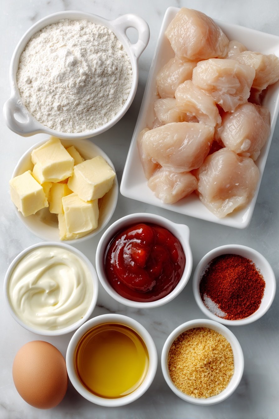 Flat lay of fresh boneless, skinless chicken breasts cut into bite-sized pieces arranged neatly, a small mound of all-purpose flour, a small mound of cornstarch, a single large whole egg with a clean shell, a few panko breadcrumbs scattered in a small white ceramic bowl, a small white ceramic bowl of buttermilk, a small white ceramic bowl filled with smooth mayonnaise, a small white ceramic bowl holding bright red sweet chili sauce, a small white ceramic bowl with vibrant red hot sauce, a small white ceramic bowl of golden honey, a small heap of garlic powder, a small heap of smoked paprika, small piles of salt and black pepper crystals, all ingredients fresh and natural, perfectly symmetrical and balanced layout, simple white ceramic bowls, placed on a clean white marble surface, soft natural light, photo taken with an iPhone, professional food photography style, fresh ingredients, white ceramic bowls, no bottles, no duplicates, no utensils, no packaging --ar 2:3 --v 7 --p m7354639359234015250 — Bang Bang Chicken, crispy fried chicken with spicy sauce, easy Asian chicken dish, flavorful chicken dinner, quick Bang Bang Chicken recipe
