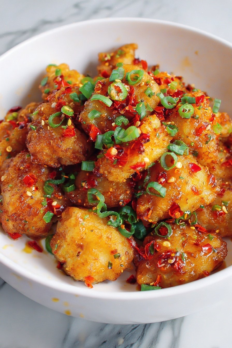 A white bowl filled with golden brown crispy fried pieces stacked loosely. The pieces are covered with a glossy light orange sauce that drips down the sides, adding shine and a smooth texture. Bright green chopped scallions are sprinkled all over, along with small bits of red chili, creating a colorful contrast. The bowl sits on a white marbled surface. photo taken with an iphone --ar 2:3 --v 7 — Bang Bang Chicken, crispy fried chicken with spicy sauce, easy Asian chicken dish, flavorful chicken dinner, quick Bang Bang Chicken recipe