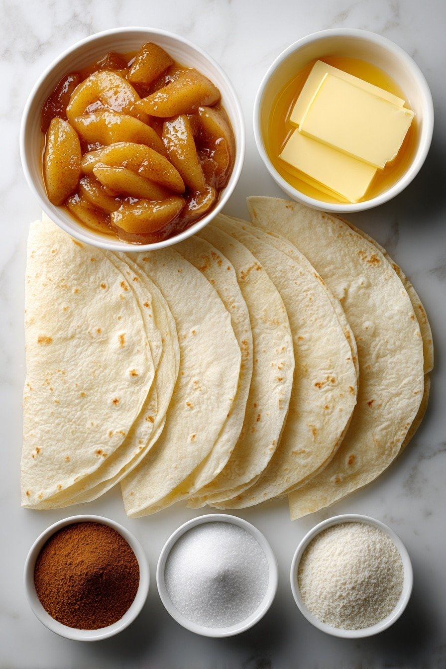 Flat lay of six soft, unbroken medium flour tortillas arranged neatly, a small white bowl filled with glossy, chunky apple pie filling showing apple slices and syrup, a small white bowl containing melted golden butter, a small white bowl of fine white granulated sugar, and a small white bowl with warm brown cinnamon powder, all evenly spaced and perfectly symmetrical, placed on a clean white marble surface, soft natural light, photo taken with an iPhone, professional food photography style, fresh ingredients, white ceramic bowls, no bottles, no duplicates, no utensils, no packaging --ar 2:3 --v 7 --p m7354639359234015250 — Air Fryer Apple Pie Taquitos, apple pie taquitos, easy air fryer desserts, quick apple dessert recipes, cinnamon apple taquitos