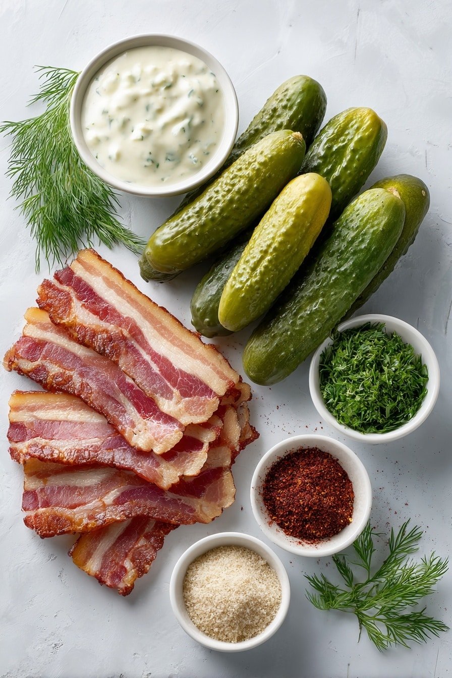 Flat lay of six large whole fresh dill pickles, twelve raw slices of thick-cut bacon arranged neatly, a small white ceramic bowl filled with creamy ranch dressing, a small white ceramic bowl holding finely chopped fresh dill, a small white ceramic bowl with deep red smoked paprika powder, a small white ceramic bowl containing pale beige garlic powder, placed on a clean white marble surface, soft natural light, photo taken with an iPhone, professional food photography style, fresh ingredients, white ceramic bowls, no bottles, no duplicates, no utensils, no packaging --ar 2:3 --v 7 --p m7354639359234015250 — Bacon-Wrapped Pickles Appetizer, bacon-wrapped pickles, bacon appetizer recipes, savory pickle bites, easy party appetizers
