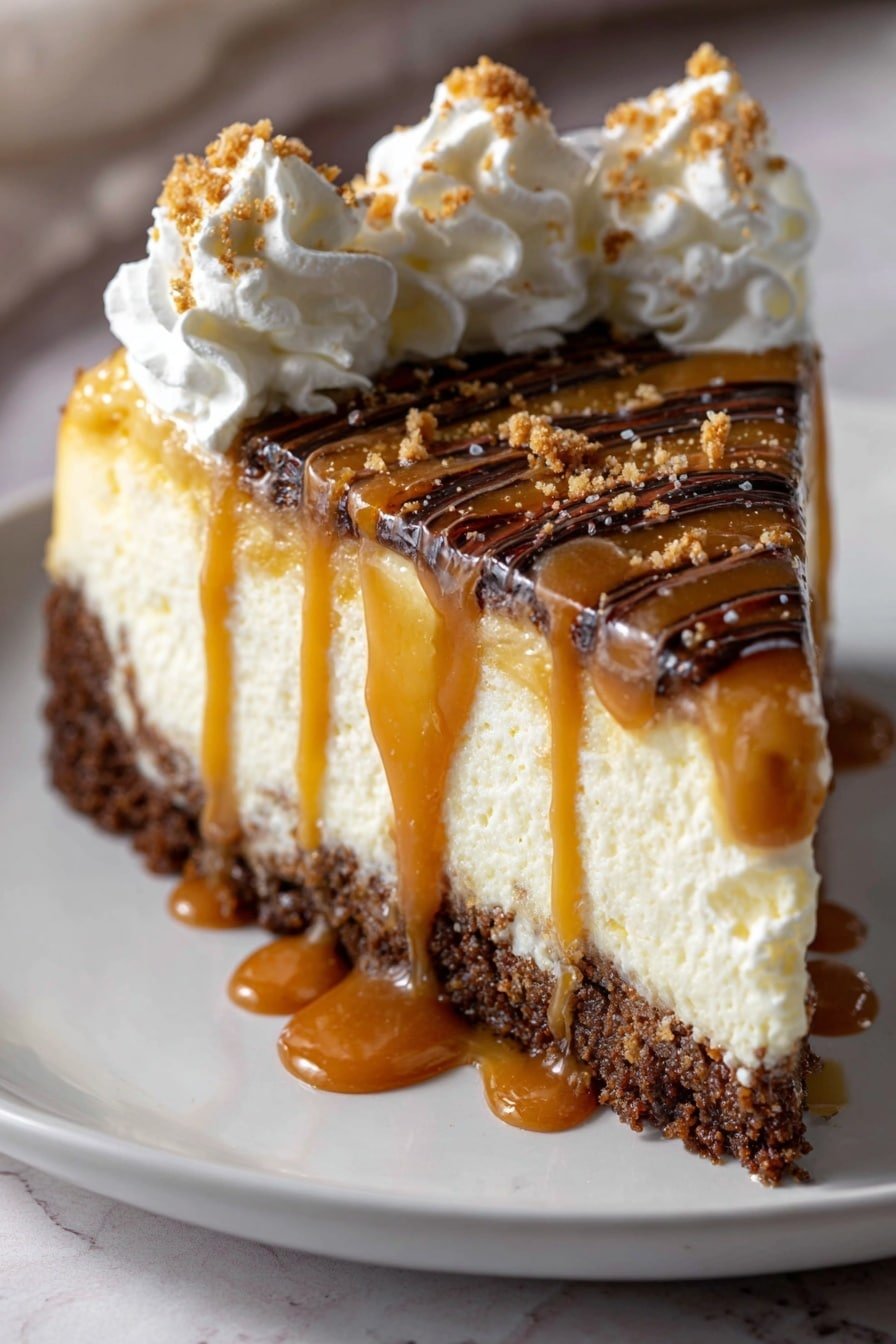 The image shows a slice of cheesecake with four distinct layers. The bottom layer is a thick, crumbly brown crust, topped by a thick creamy off-white cheesecake layer. Above that is a thin, smooth caramel-colored layer, and the top is covered with a glossy dark chocolate layer drizzled with light caramel sauce that also drips down the sides. The edge near the top has a row of white whipped cream swirls sprinkled with light brown crumbs. The cheesecake sits on a white plate with a white marbled surface background. Photo taken with an iphone --ar 2:3 --v 7 — Cookie Butter Caramel Cheesecake, easy cookie butter cheesecake, caramel cheesecake recipe, no-bake cookie butter dessert, decadent cheesecake with caramel