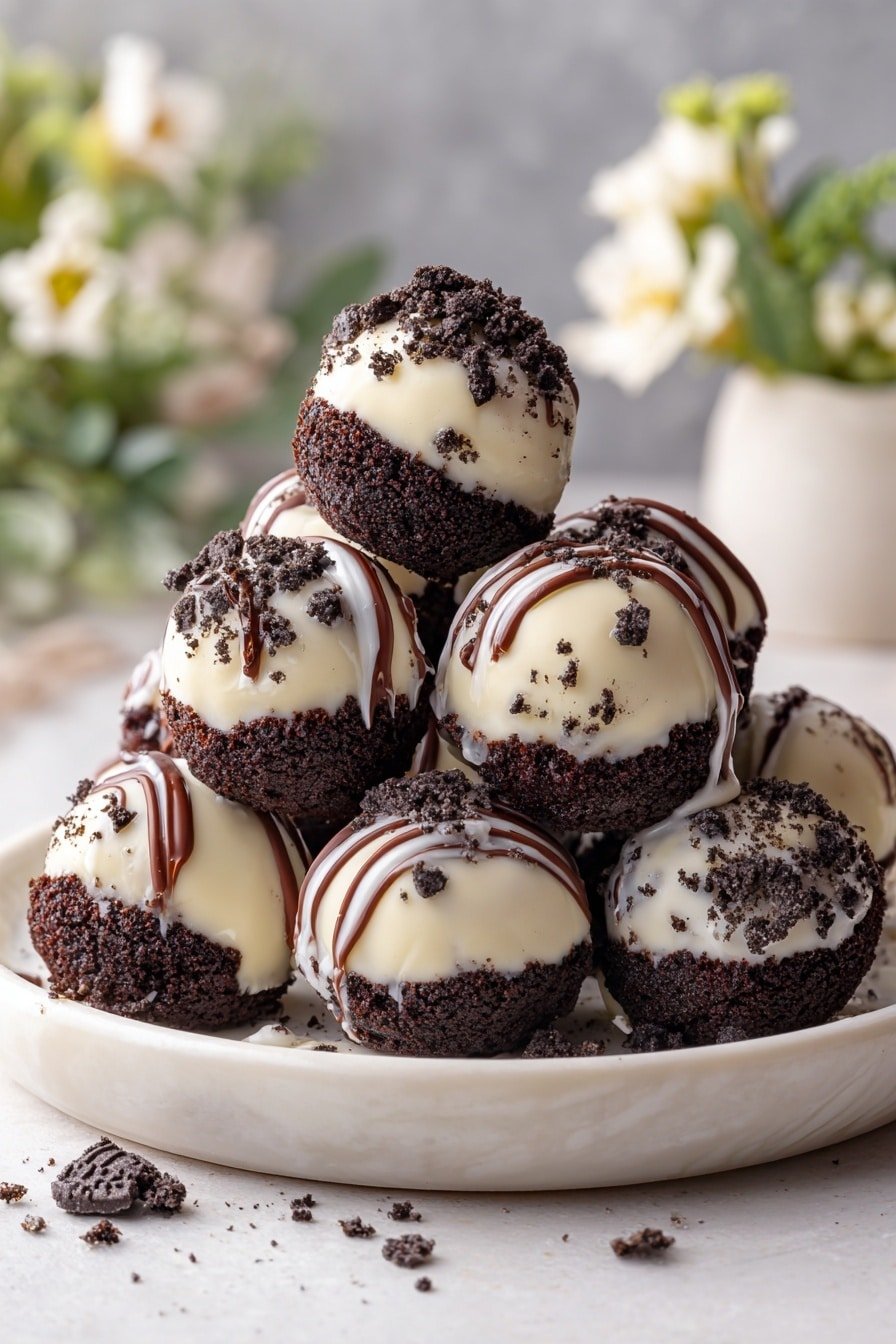 A white plate holds six small dessert stacks, each with three main layers: a dark chocolate base that looks soft and moist, a generous dollop of white cream sitting thick on top of the base, and a sprinkle of dark chocolate crumbs covering the cream. Each stack is drizzled with smooth chocolate sauce in thin lines across the cream and crumbs, adding shine and texture. The plate sits on a white marbled surface with a soft blurred background that hints at a cozy setting. photo taken with an iphone --ar 2:3 --v 7 — Easy Oreo Truffles, Oreo truffles, no-bake Oreo treats, chocolate Oreo bites, simple Oreo dessert