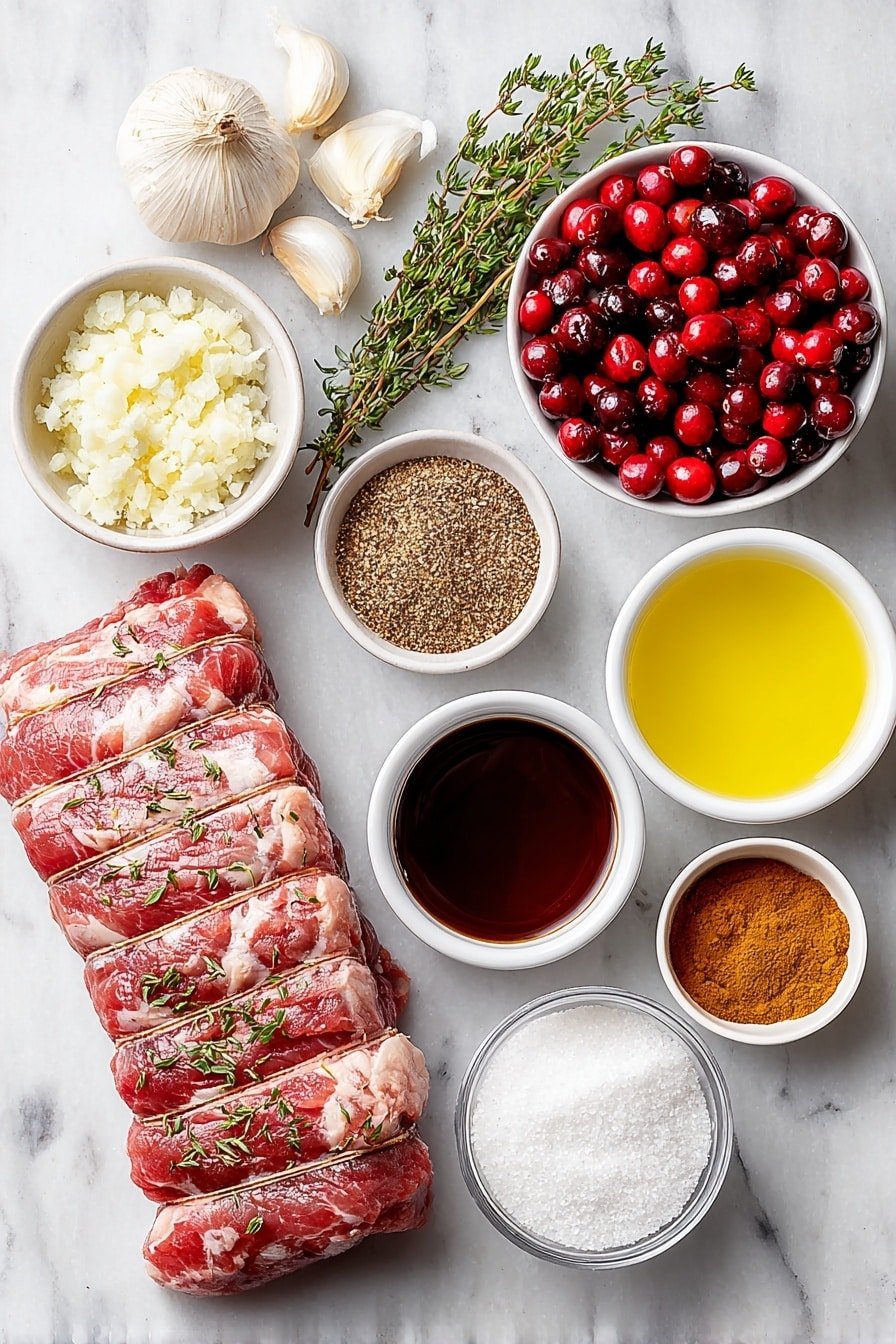 Flat lay of a fresh whole pork tenderloin, a small white bowl of golden olive oil, a few whole garlic cloves beside a small white bowl of garlic powder, a small white bowl of onion powder, a sprig of fresh thyme, a small white bowl filled with fresh bright red cranberries, a small white bowl of white granulated sugar, a small white bowl of clear chicken broth, a small white bowl of deep brown balsamic vinegar, a small white bowl of pale yellow Dijon mustard, a small white bowl of ground cinnamon, and a pinch of coarse salt and cracked black pepper together in a white ceramic bowl, all placed with perfect symmetry on a clean white marble surface, soft natural light, photo taken with an iPhone, professional food photography style, fresh ingredients, white ceramic bowls, no bottles, no duplicates, no utensils, no packaging --ar 2:3 --v 7 --p m7354639359234015250 — Cranberry Glazed Pork Tenderloin, cranberry glazed pork recipe, festive pork tenderloin with cranberries, easy pork dinner with cranberry glaze, juicy pork with fruit glaze