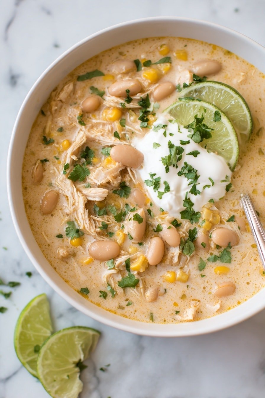 A white bowl filled with creamy soup that has light beige shredded chicken pieces and soft white beans scattered throughout. There are small bits of yellow corn mixed in the soup. On top, there is a dollop of sour cream sprinkled with chopped green cilantro leaves. Two lime slices rest on the side inside the bowl, adding a fresh green touch. The bowl sits on a white marbled surface. photo taken with an iphone --ar 2:3 --v 7 — White Chicken Chili, creamy white chicken chili recipe, comforting chicken chili, easy white chicken chili, hearty chicken chili