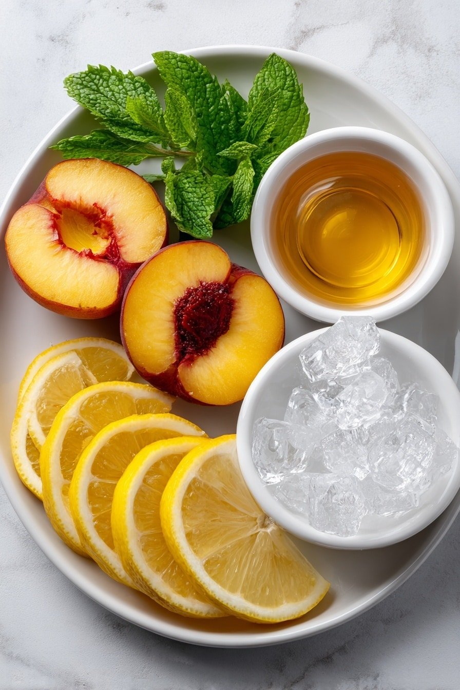 Flat lay of frozen peach halves arranged naturally, a small white bowl filled with pale yellow lemonade, a small white bowl holding golden honey, a small white bowl of clear ice cubes, a few fresh bright green mint leaves, and thin lemon slices fanned out on a simple white ceramic plate, all placed symmetrically on a clean white marble surface, soft natural light, photo taken with an iPhone, professional food photography style, fresh ingredients, white ceramic bowls, no bottles, no duplicates, no utensils, no packaging --ar 2:3 --v 7 --p m7354639359234015250 — Frozen Peach Lemonade Slushie, refreshing summer drinks, easy fruit slushie recipe, chilled peach lemonade, quick fruit beverages