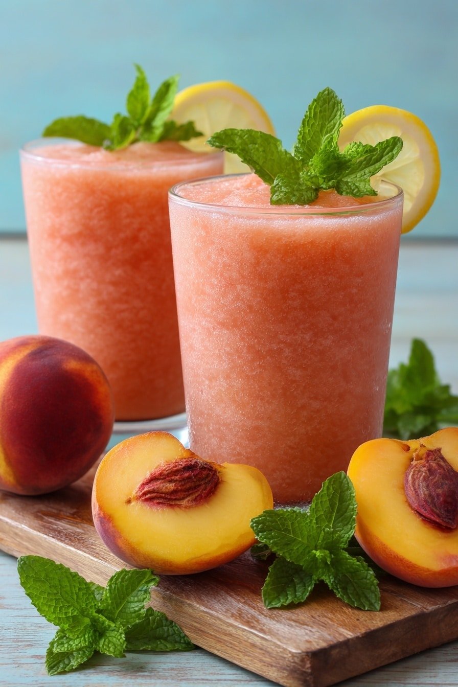 Two clear glasses filled with a thick, light orange peach smoothie sit on a wooden board with a whole peach and a peach half beside them. Each glass is topped with bright green mint leaves and a fresh yellow lemon slice placed on the rim. The peach smoothie has a smooth, slightly icy texture. The background is a white marbled texture. photo taken with an iphone --ar 2:3 --v 7 — Frozen Peach Lemonade Slushie, refreshing summer drinks, easy fruit slushie recipe, chilled peach lemonade, quick fruit beverages