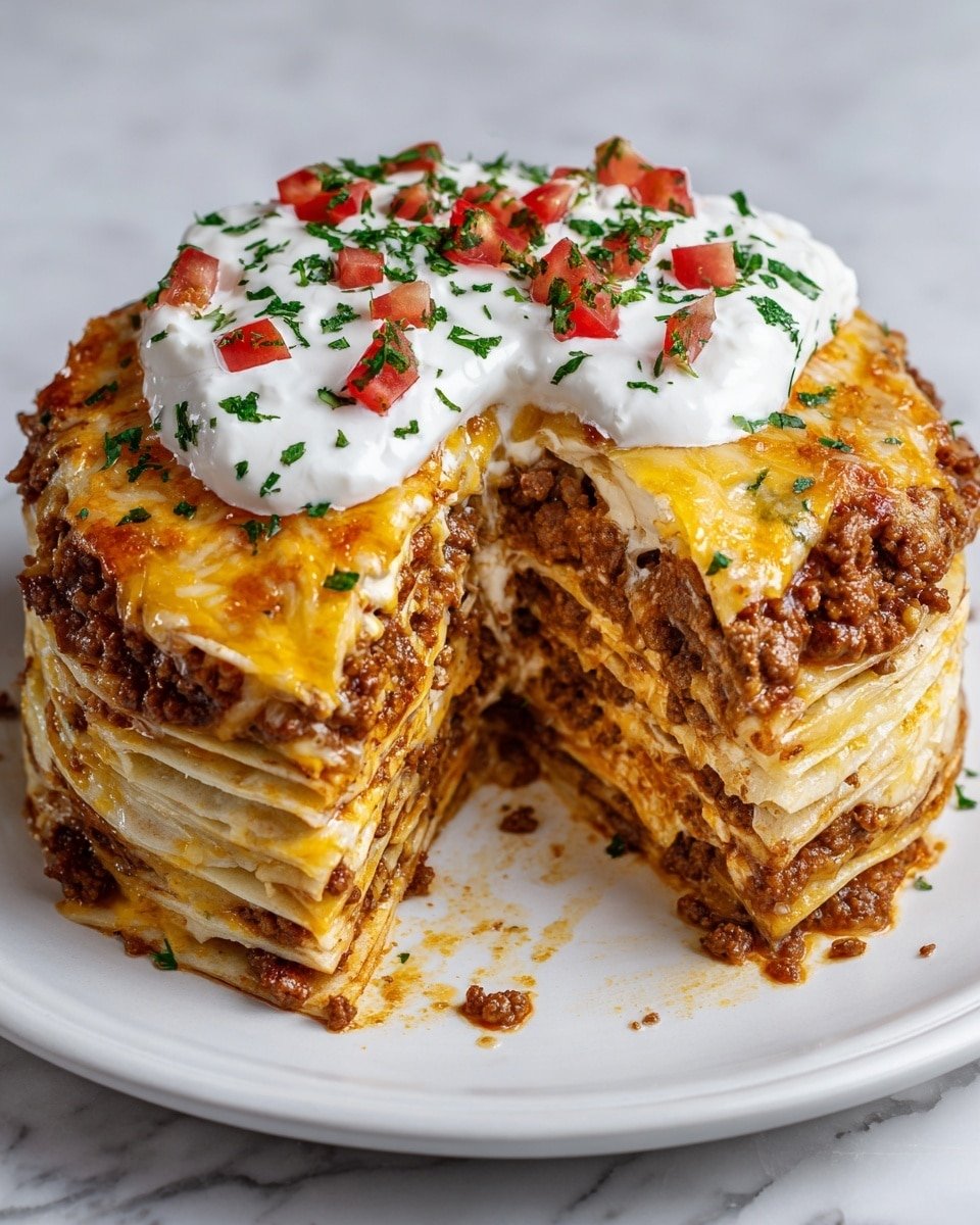 Cheesy Tortilla Lasagna Pie Recipe - Recipe Image — Cheesy Tortilla Lasagna Pie, easy tortilla lasagna, cheesy baked tortilla casserole, savory tortilla pie, quick lasagna alternative