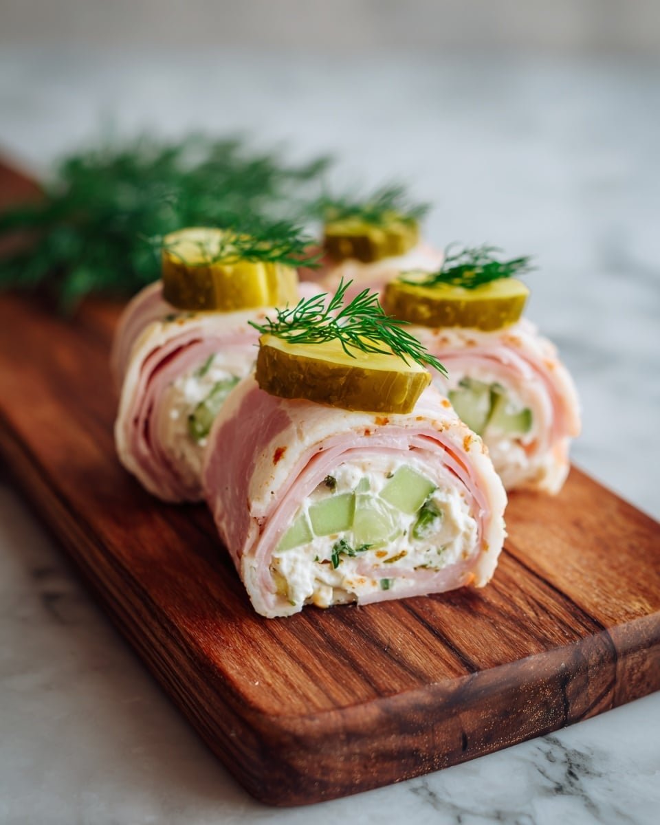 Ham & Pickle Roll Ups Recipe - Recipe Image — Ham & Pickle Roll Ups, ham pickle roll ups, easy appetizer recipes, savory snack ideas, party finger foods