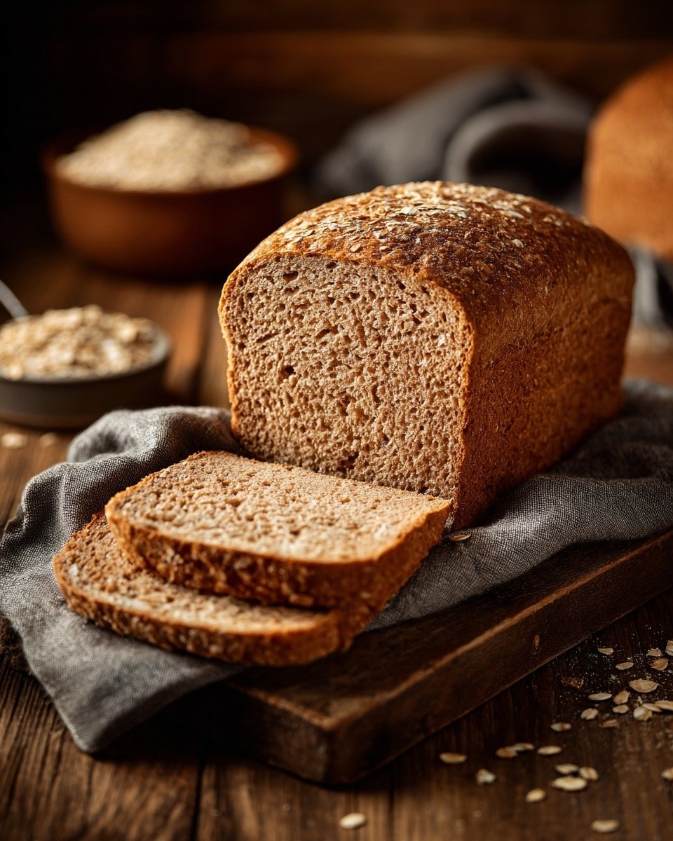 A loaf of brown bread with two slices leaned against it is placed on a wooden board covered partially by a rough-textured gray cloth. The bread has a golden-brown crust with a soft, light brown inside showing small air holes. In the blurred background, there are two wooden bowls, one filled with oats, all set against a warm, dark setting. The scene is resting on a white marbled surface photo taken with an iphone --ar 4:5 --v 7 — Soft Whole Wheat Bread, Healthy White Bread, Whole Wheat Bread Recipe, Homemade Bread, Soft Wheat Bread