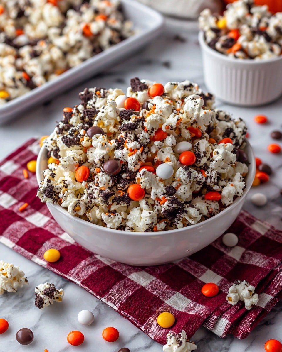 Halloween Popcorn with M&Ms, Oreos, and White Chocolate Recipe - Recipe Image — Halloween Popcorn with M&Ms, Oreos, and White Chocolate, festive Halloween popcorn recipe, easy Halloween treats, holiday party snack ideas, sweet crunchy Halloween popcorn