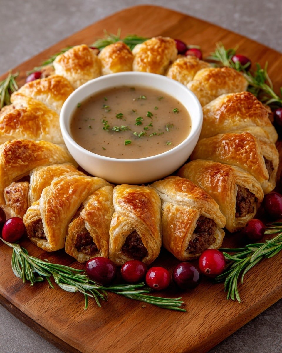 A round wooden platter holds a wreath of golden-brown puff pastry rolls filled with dark, crumbly meat, arranged in a circle around a white bowl filled with a smooth, brown gravy speckled with herbs. Fresh green sprigs of rosemary and red cranberries are placed between the rolls and around the bowl, adding color and texture contrast. The puff pastry looks flaky and slightly shiny, showing layers of baked dough with the savory filling peeking out from each roll. The whole setup sits against a white marbled surface photo taken with an iphone --ar 4:5 --v 7 — Beef Wellington Wreath, Beef Wellington with Red Wine Reduction, festive beef Wellington recipe, elegant beef dinners, holiday Beef Wellington