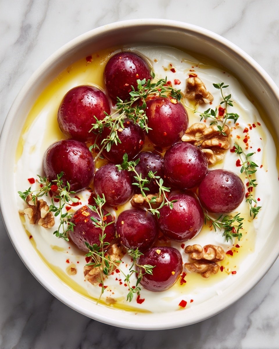 A white bowl filled with a creamy white yogurt base as the first layer, topped with shiny, deep red grapes clustered in the center. Scattered around the grapes are pieces of light brown walnut halves and fresh green thyme sprigs. The dish is drizzled with a golden honey-like syrup and tiny red chili flakes that add bright color specks across the creamy surface. The background has a white marbled texture. photo taken with an iphone --ar 4:5 --v 7 — Whipped Feta with Roasted Grapes, Walnuts & Hot Honey, Roasted Grape Feta Dip, Elegant Cheese Spread, Easy Appetizer with Hot Honey, Crowd-Pleasing Cheese Board