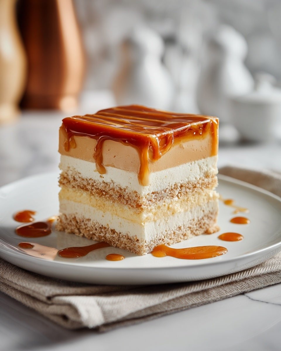 A square layered dessert is presented on a white plate with small blobs of caramel sauce around it. The dessert has five visible layers: a light brown crumbly base, a pale yellow thick creamy layer above it, followed by a thin layer of caramel sauce with a shiny texture, then a fluffy light beige sponge cake layer, and it is topped with a smooth, glossy caramel glaze in a deep amber color. The plate sits on a folded neutral beige cloth, and the background shows a white marbled texture with blurred kitchen items. photo taken with an iphone --ar 4:5 --v 7 — Leche Queso Cloud Cake, Filipino leche queso dessert, airy cheese cake, caramel leche cake, Filipino sweet treats
