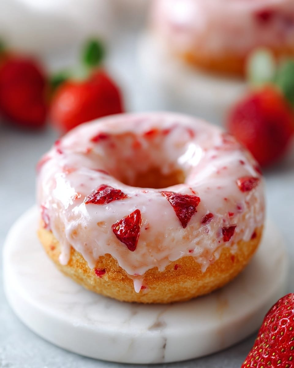 Fresh Strawberry Donuts with Homemade Strawberry Glaze Recipe - Recipe Image — Fresh Strawberry Donuts Homemade Strawberry Glaze, Strawberry Donuts with Strawberry Glaze, Homemade Strawberry Donuts, Easy Strawberry Donut Recipe, Fresh Fruit Donuts