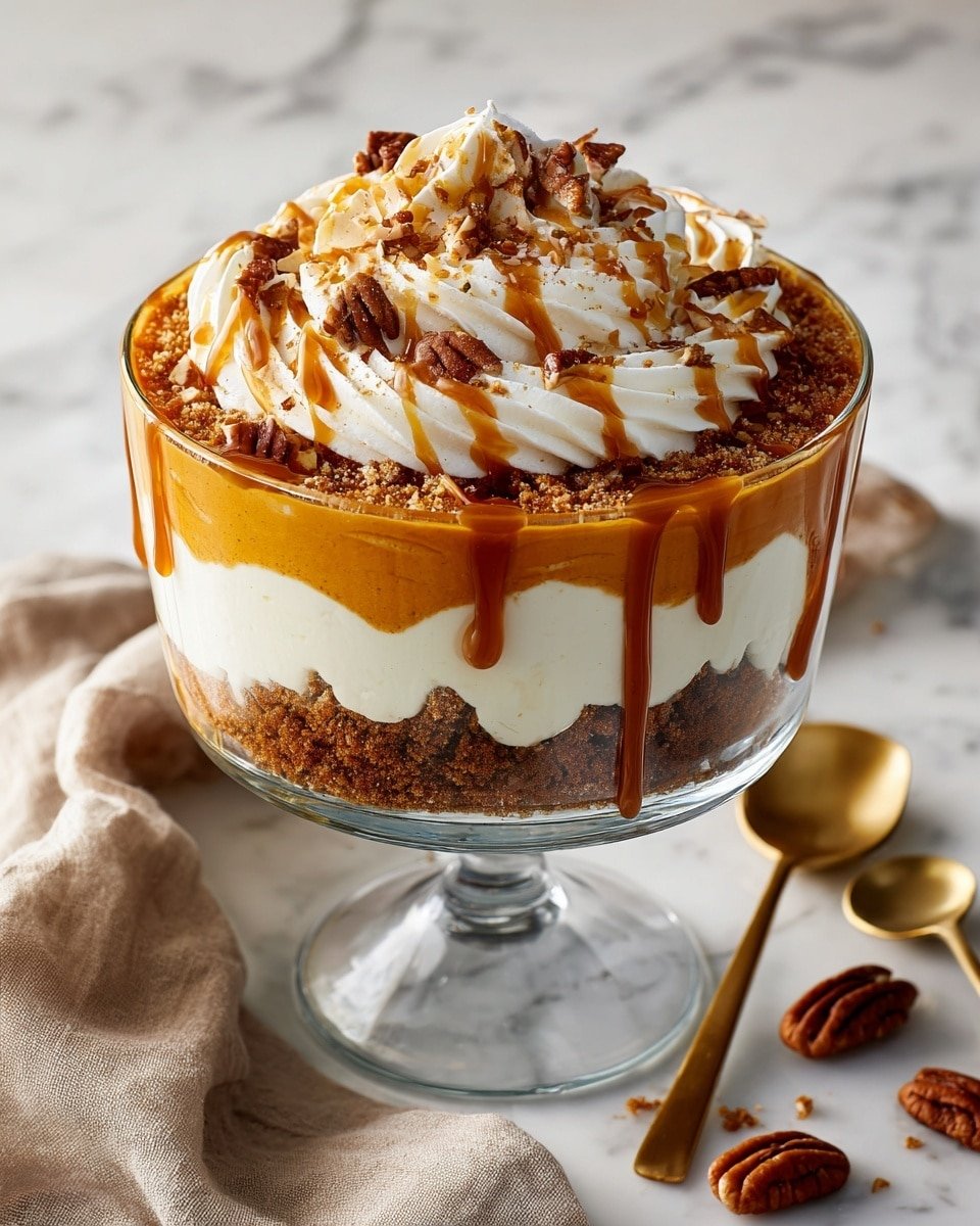 The dessert is shown in a clear glass bowl with a pedestal, revealing four visible layers. The bottom layer is made up of crushed brown crumbly pieces. Above that is a thick creamy white layer. The third layer is a smooth, light orange cream that slightly drops over the edges. On top, thick white swirls of whipped cream stand in a ring. The whipped cream is drizzled with shiny caramel sauce and sprinkled with whole pecans and more brown crumbly bits. The bowl sits on a white marbled surface with a soft beige cloth and a few pecans near it, alongside a gold spoon. Photo taken with an iphone --ar 4:5 --v 7 — Maple Pecan & Pumpkin Cheesecake Trifle, no-bake pumpkin dessert, fall layered dessert, easy holiday trifle, pumpkin and pecan cheesecake