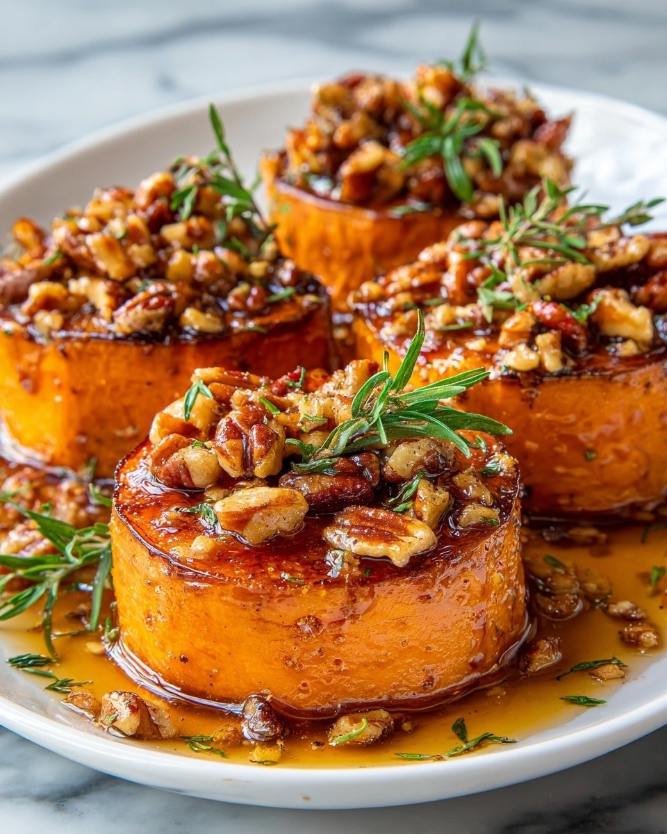 The image shows four round orange baked sweet potato slices, arranged closely on a white marbled surface. Each slice has a shiny layer of a golden-brown syrup on top, which drips slightly down the sides. On top of the syrup, there are crunchy brown pecans and small crumbly pieces, sprinkled with white coarse salt. Small green herb sprigs are placed on top and around the sweet potatoes for decoration. A blurred white cup is visible softly in the background. Photo taken with an iphone --ar 4:5 --v 7 — Melting Sweet Potatoes with Pecan Crumble, sweet potato side dish, maple glazed sweet potatoes, roasted sweet potatoes with pecan topping, savory sweet potato recipe