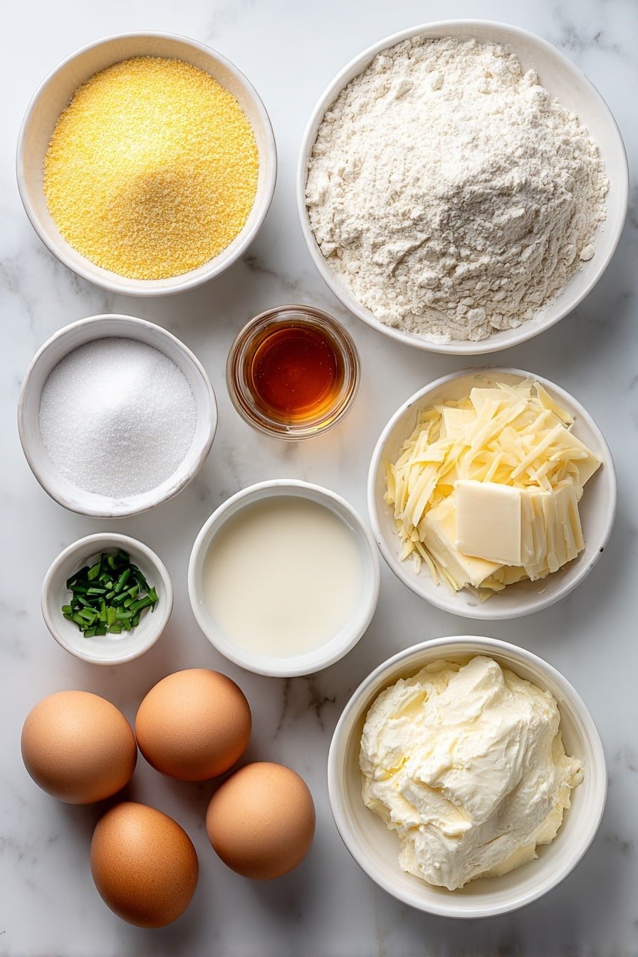 Cornbread Waffle Bites with Smoked Gouda Recipe - Ingredients Image — Cornbread Waffle Bites with Smoked Gouda, Cornbread Waffle Bites appetizer, cheesy cornbread waffle snacks, smoked Gouda waffle bites, savory cornbread waffles